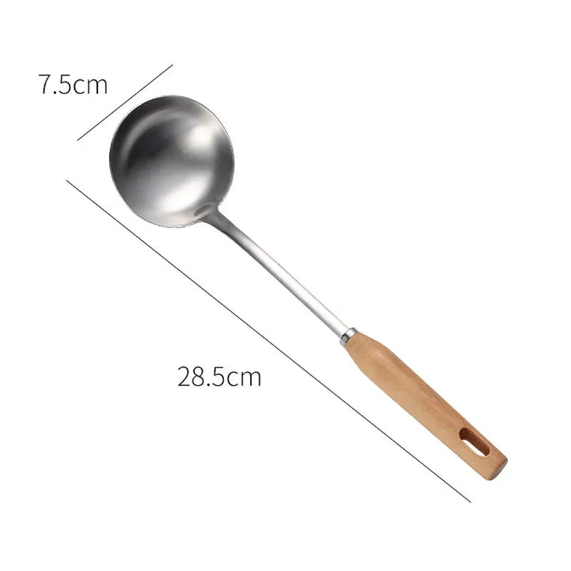 Stainless Steel Soup Spoon with Wooden Handle - Strainer Skimmer Utensil