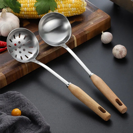 Stainless Steel Soup Spoon with Wooden Handle - Strainer Skimmer Utensil