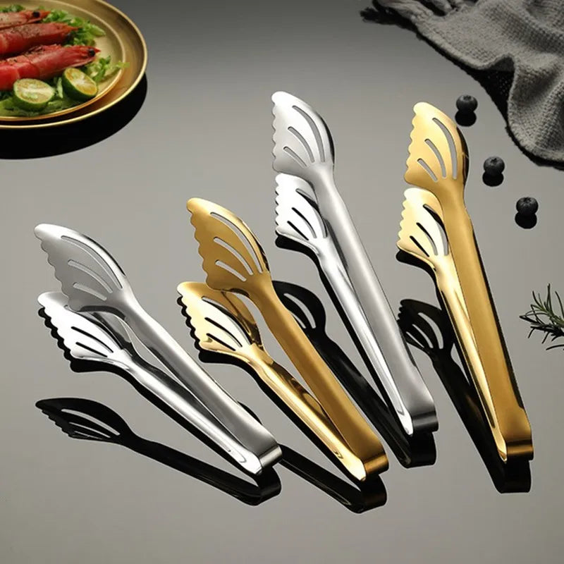 Stainless Steel BBQ Tongs Non-Slip Meat Salad Bread Clip Mirror Polished Clamp