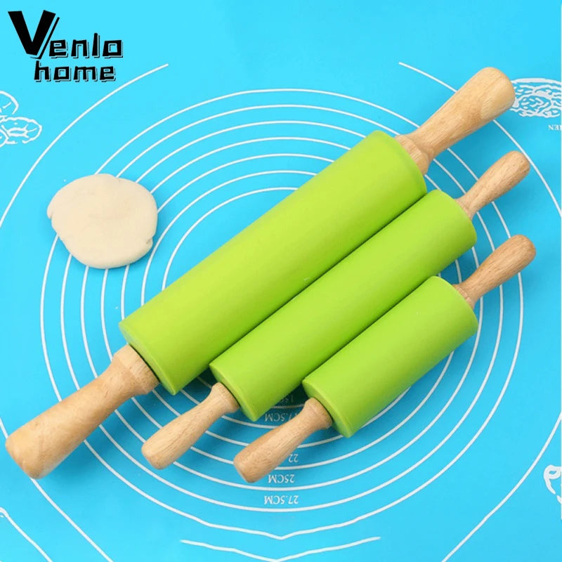 Silicone Non-Stick Rolling Pin with Wooden Handle for Baking and Dough