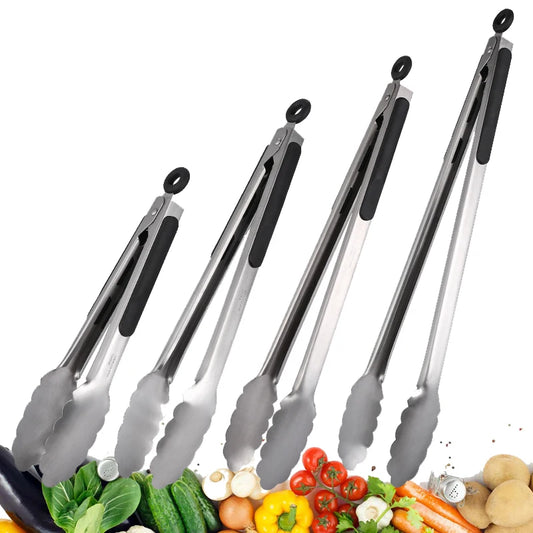 BBQ Tongs Set: 9/12/16 Inch Non-Slip Stainless Steel Food Clips