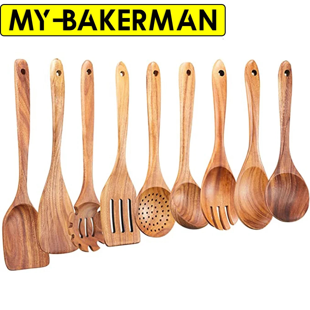 Wooden Kitchen Utensils Set, Teak Spoons for Non-stick Cookware