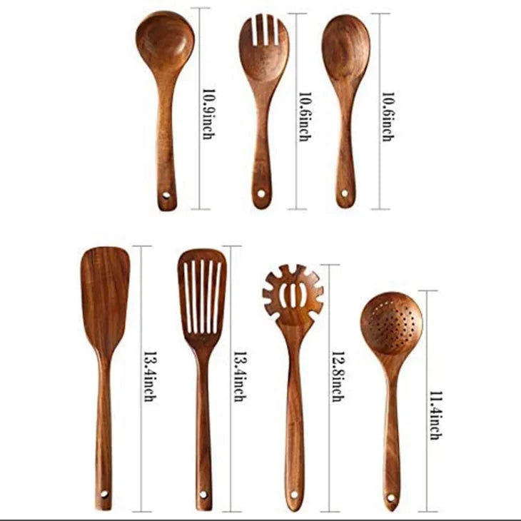 Wooden Kitchen Utensils Set, Teak Spoons for Non-stick Cookware