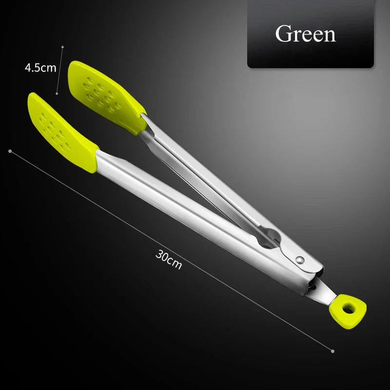 Silicone BBQ Grilling Tongs Stainless Steel Non-Stick Food Clamp