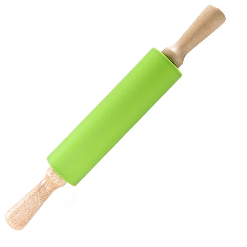 Silicone Non-Stick Rolling Pin with Wooden Handle for Baking and Dough