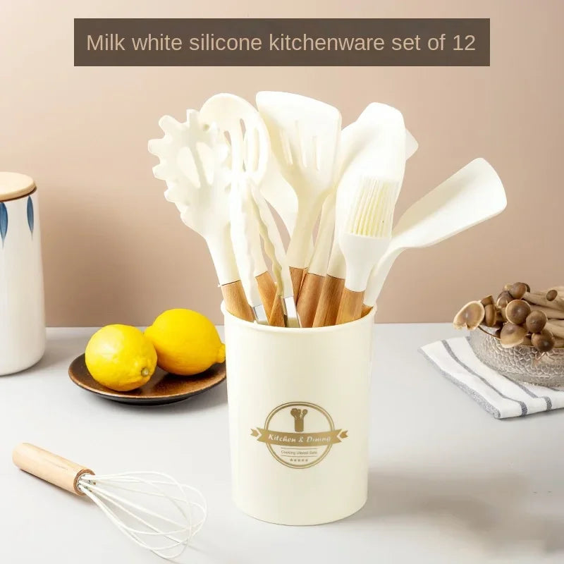 12-Piece Silicone Kitchen Utensil Set with Wooden Handles