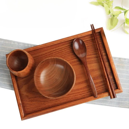 Wooden Tableware Set: Bowl, Chopsticks, Spoon, Tray, Children's Kitchen Accessories