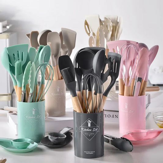 12PCS Silicone Kitchen Utensils Set Non-Stick Cookware with Wooden Handles