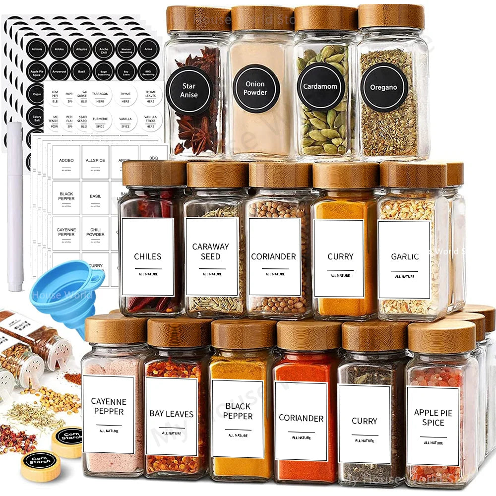 13 Glass Spice Jars with Bamboo Lids 4oz Set for Spice Rack Storage