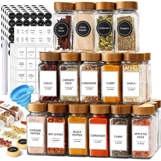 13 Glass Spice Jars with Bamboo Lids 4oz Set for Spice Rack Storage