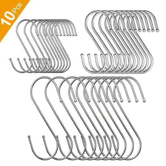 10pcs Heavy Duty Stainless Steel S Hooks for Kitchen, Home, Garden - Hang Clothing, Utensils, Tools