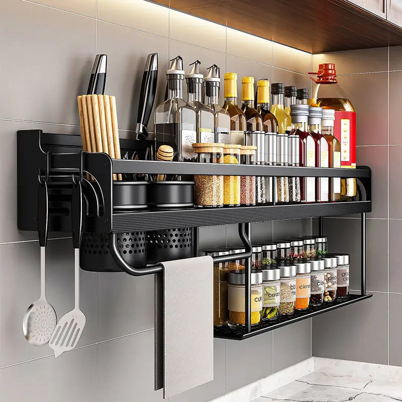 Wall-mounted Kitchen Organizer: Spice Rack, Knife Holder, Utensil Storage