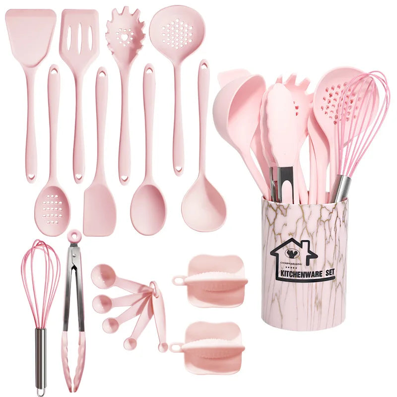 Pink 18Pcs Silicone Kitchen Utensils Set - Turner, Spatula, Measuring Spoon