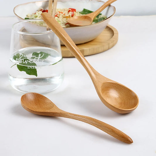 Wooden Ramen Spoon Set - Long Handle, Japanese Style, Cutlery for Porridge & Desserts