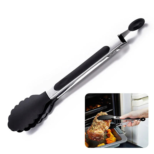 Stainless Steel Kitchen Tongs Silicone Non-Slip BBQ Grill Salad Tools