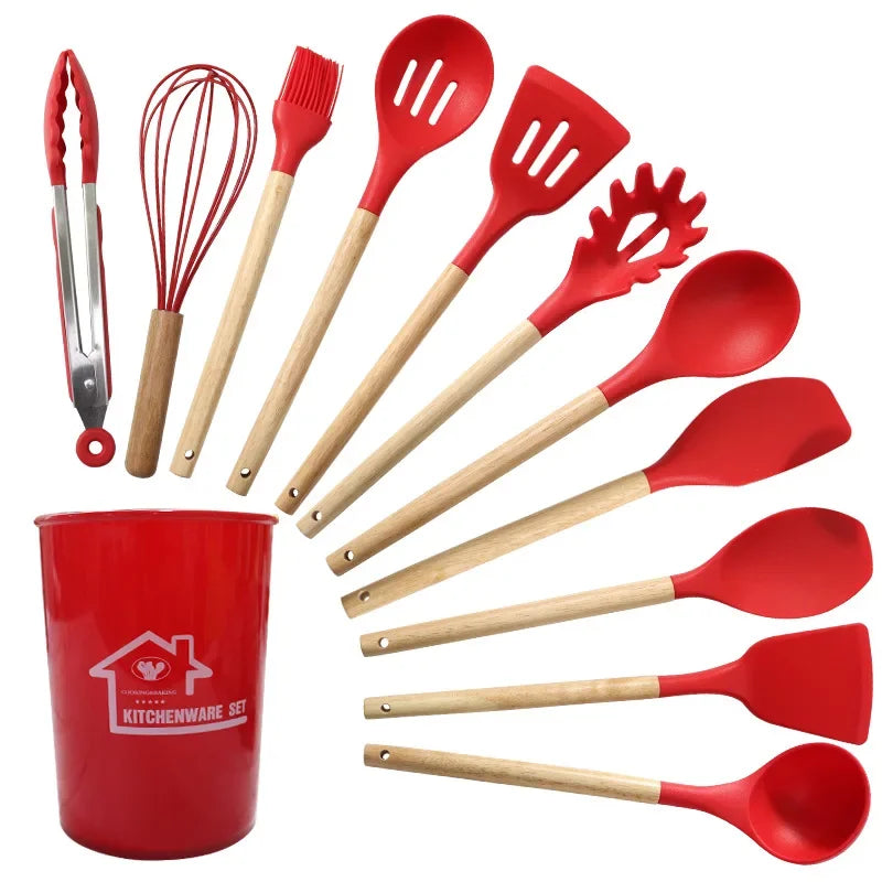 12PCS Silicone Non-Stick Kitchen Utensils Set with Wooden Handles