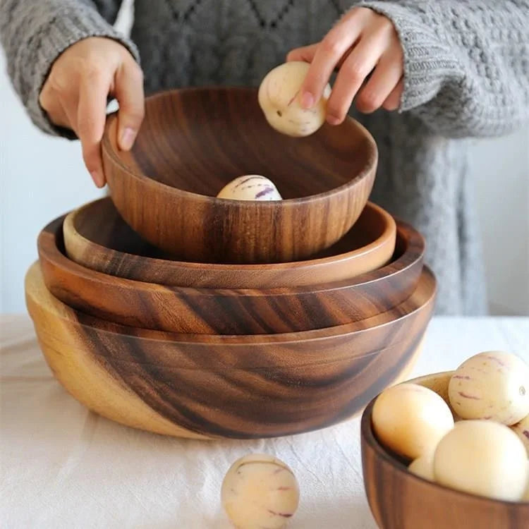 Acacia Wood Salad Bowl - Solid Wood Mixing & Ramen Bowl