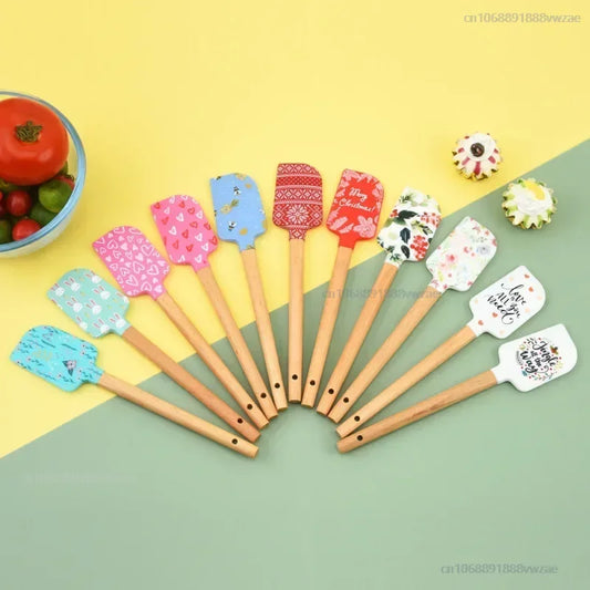 Christmas Silicone Spatula Wooden Handle Baking Scraper