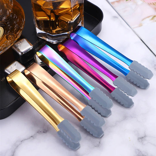 Silicone Head Stainless Steel Ice Cube Tongs Non-Slip Mini Sugar Dessert Clamp BBQ Bread Coffee Utensils