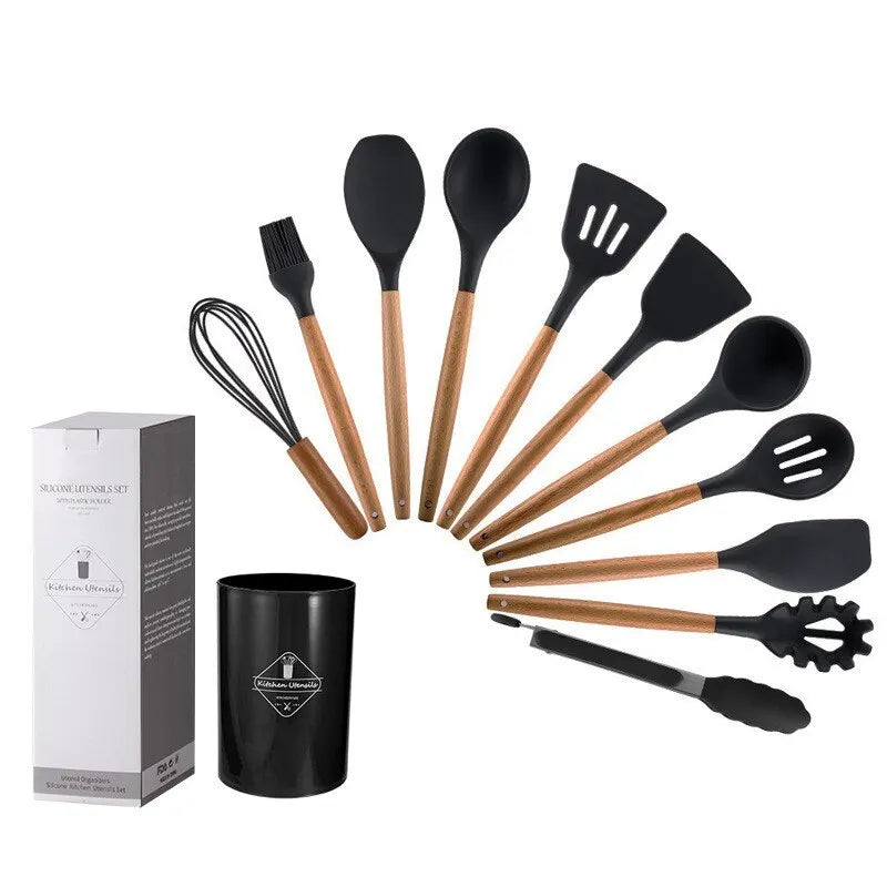 12-Piece Silicone Kitchen Utensils Set with Wooden Handles and Storage Bucket