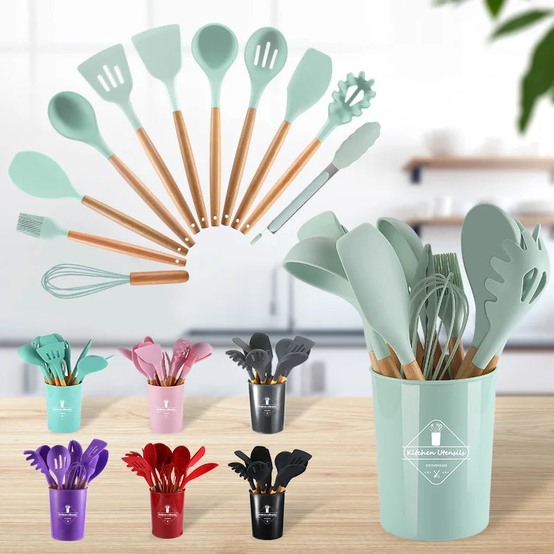 12PCS Silicone Kitchen Utensils Set Non-Stick Cookware with Wooden Handles