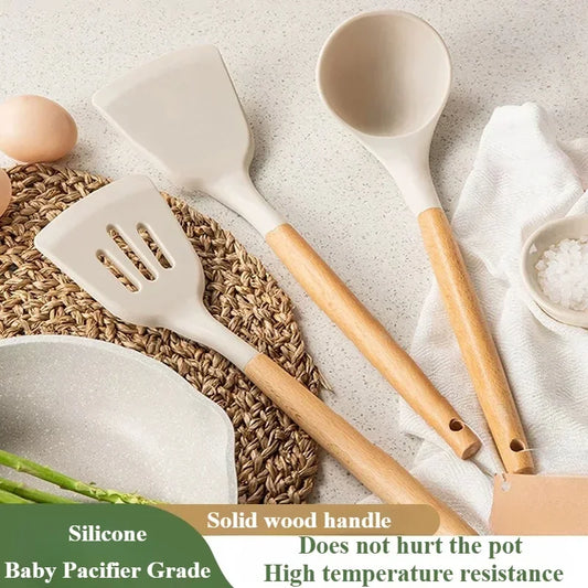 Silicone Kitchen Utensil Set with Wooden Handles - Non-Stick, Heat Resistant Spatula and Spoon