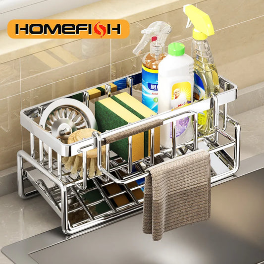 Kitchen Sponge Rack Organizer: Drain, Soap Holder, Rag Storage, Large Capacity Countertop