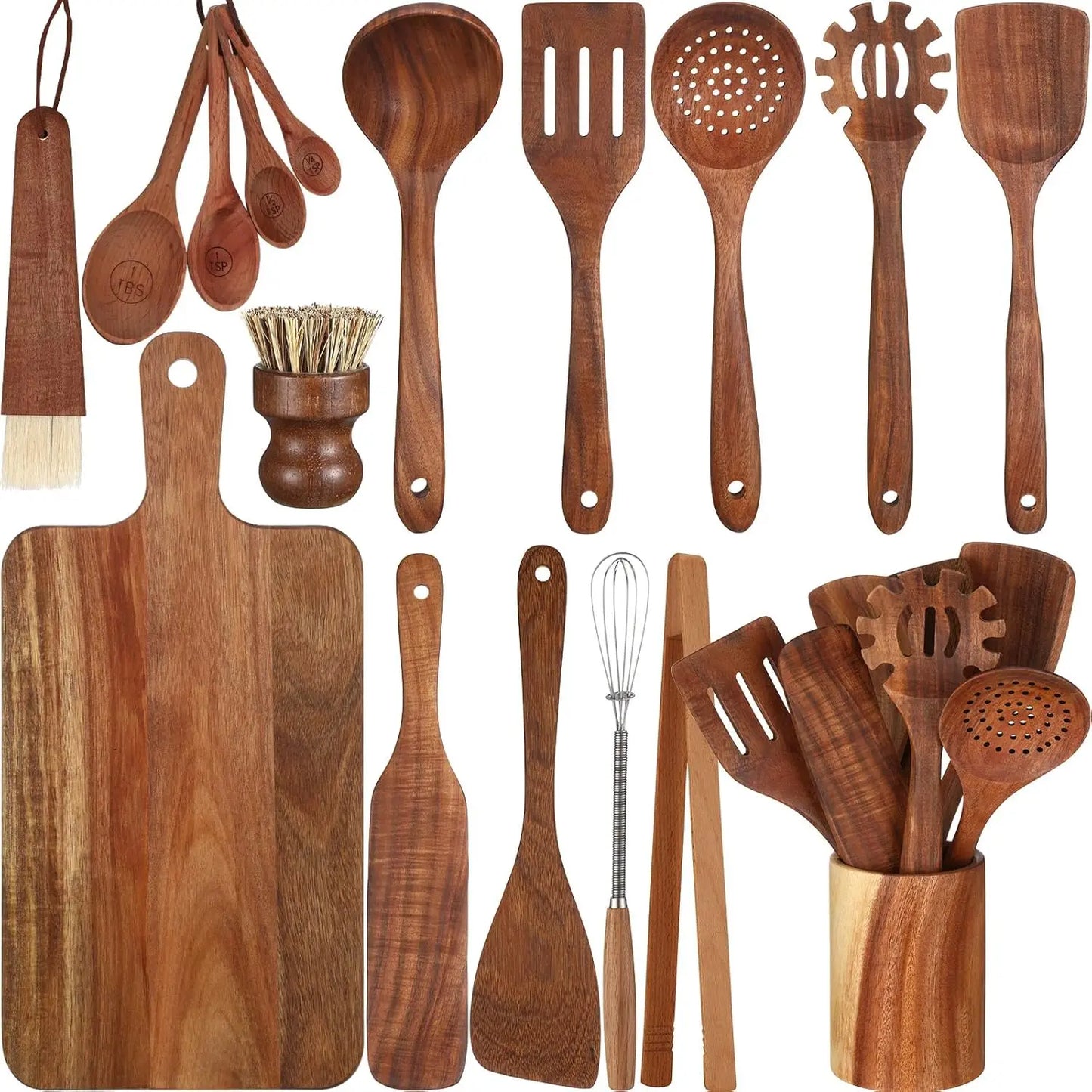 Wooden Kitchen Utensils Set with Holder: Cutting Board, Spatulas, Spoons, Tongs, Whisk