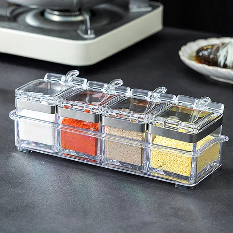 Acrylic Spice Containers Set with Lids and Spoons - 4 Transparent Boxes