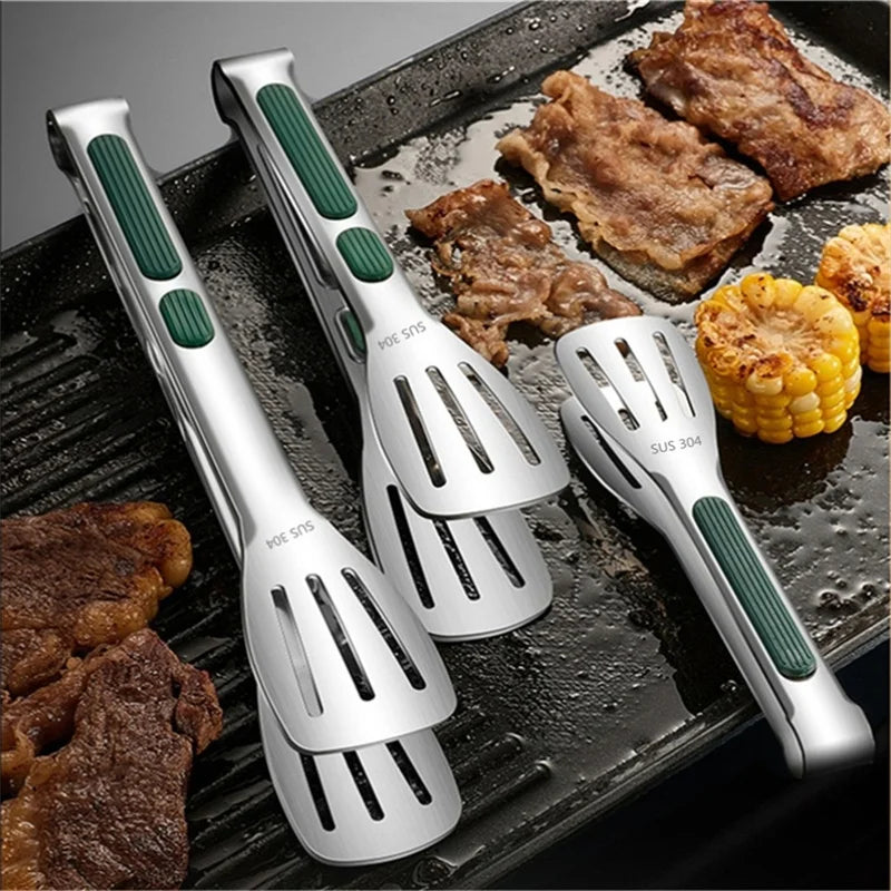 Non-Slip Stainless Steel Food Tongs Grill BBQ Salad Bread Serving Clamp