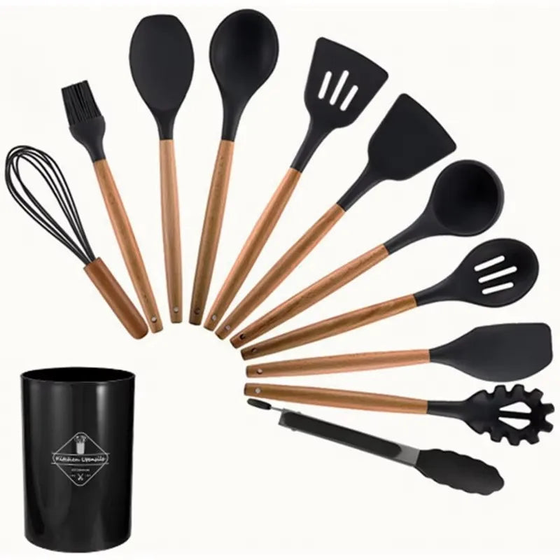 12PCS Silicone Kitchen Utensils Set Non-Stick Cookware with Wooden Handles