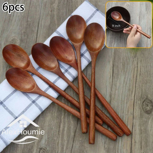 6-Piece Bamboo Wooden Spoon Set 9" Natural Wood Cooking & Mixing