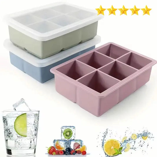 Silicone Ice Cube Tray with Lid, 6-Cavity Mold, Food Grade, Freezer Safe