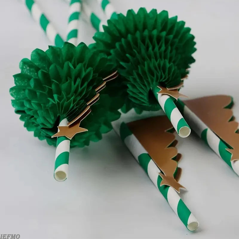 Christmas Tree Honeycomb Paper Straws - Green Tree & Gold Star Design for Holiday Celebrations