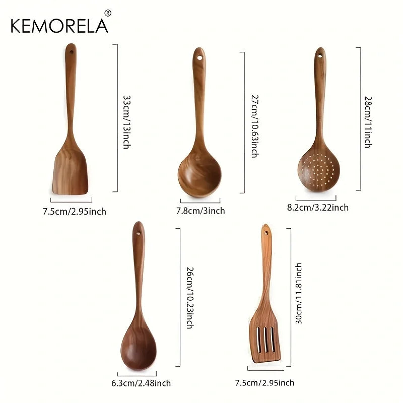 Teak Wooden Cooking Utensils Set - Spoon, Ladle, Turner, Colander, Skimmer