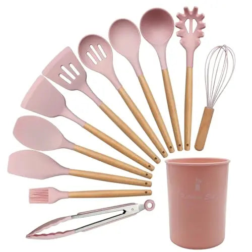 12-Piece Silicone Kitchen Utensils Set with Wood Handles and Holder