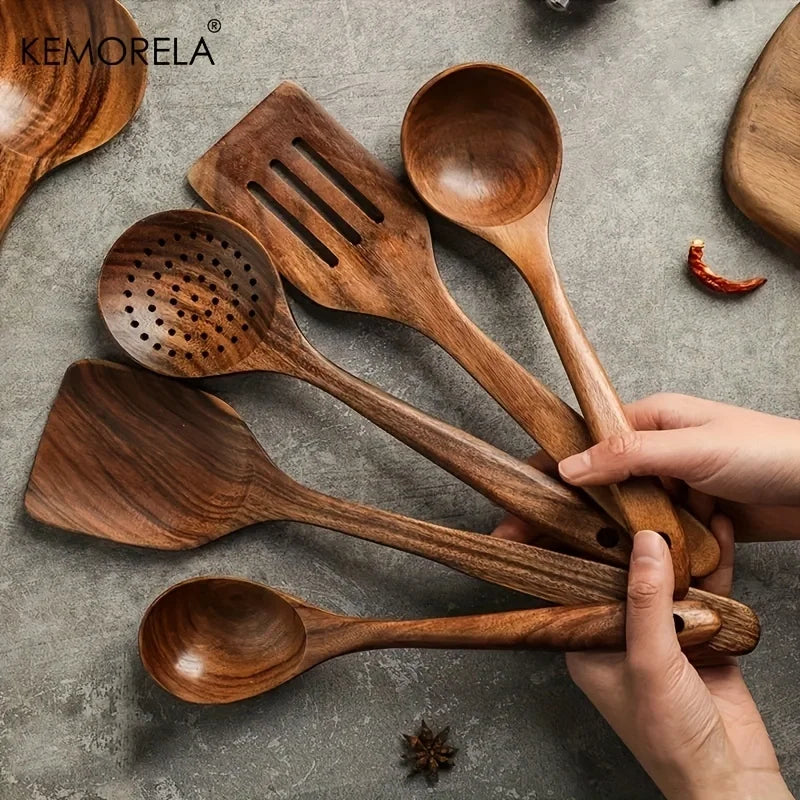 Teak Wooden Cooking Utensils Set - Spoon, Ladle, Turner, Colander, Skimmer