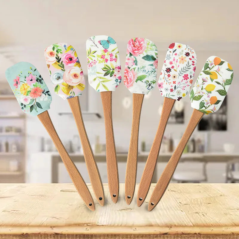 Printed Silicone Cake Scraper Spatula with Wooden Handle