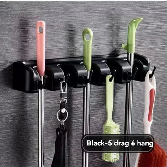 Wall Mounted 5 Position Broom Holder Black Mop Hanger Storage