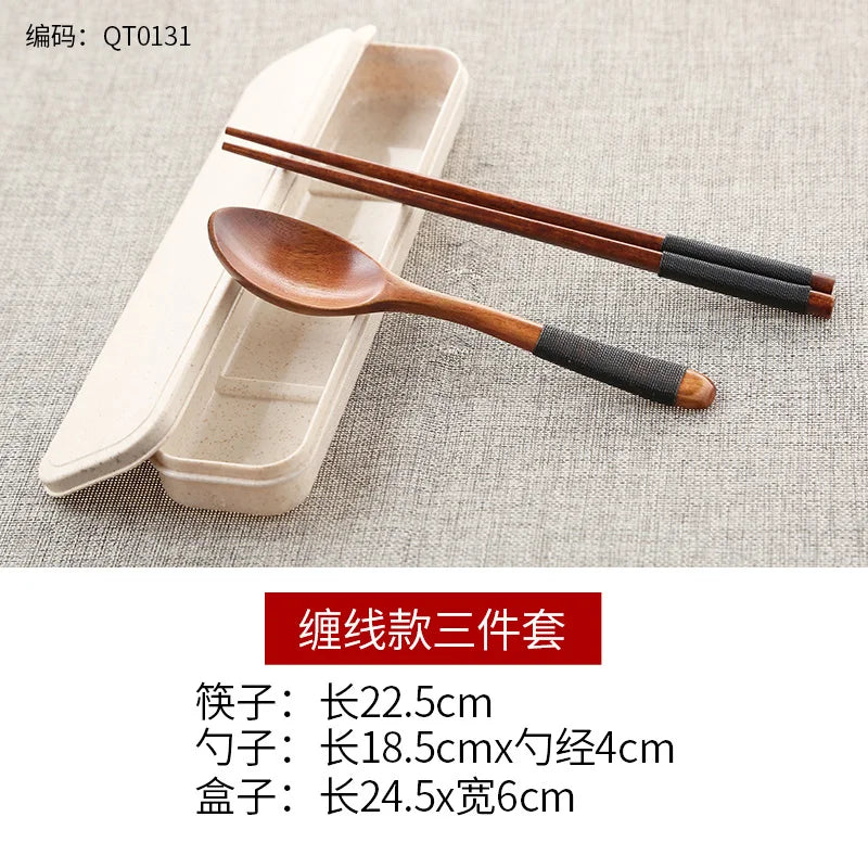 Solid Wood Chopsticks & Stainless Steel Spoon Set with Travel Case