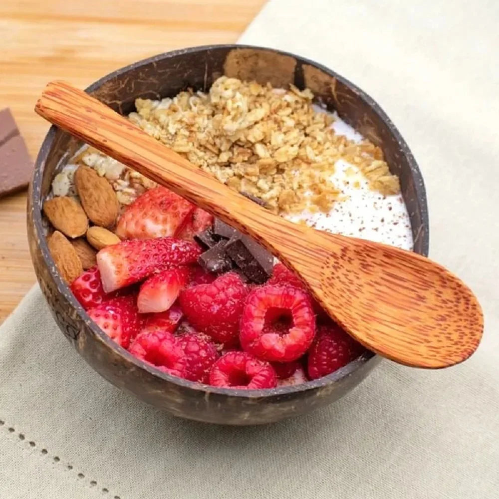 Coconut Shell Bowls Set - Wooden Salad & Serving Utensils, Reusable Natural Bowls for Breakfast & Parties