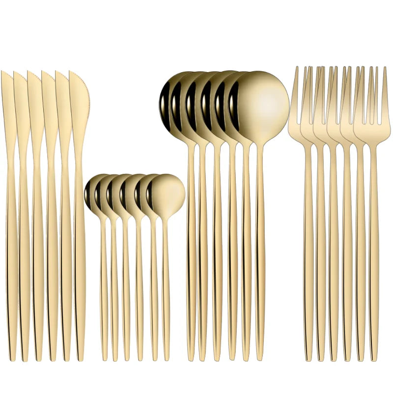 24-Piece Gold Stainless Steel Flatware Set - Knife, Fork, Spoon, Dishwasher Safe