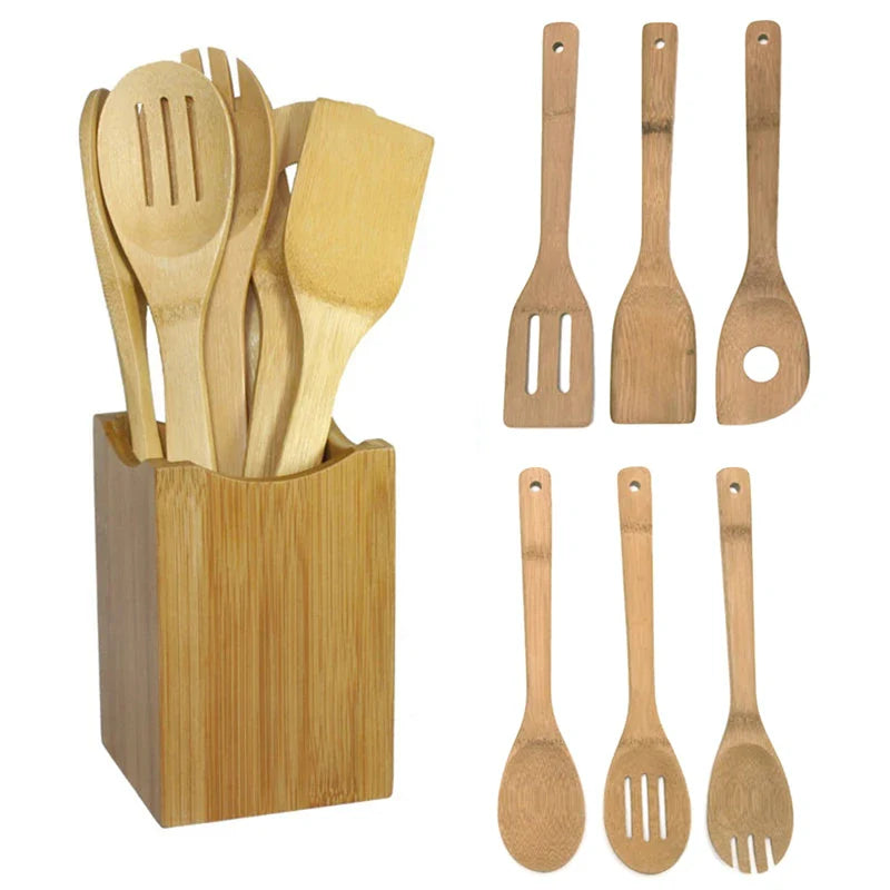 Bamboo Spoon Spatula Kitchen Utensil Set - 6 Piece Wooden Cooking Tools