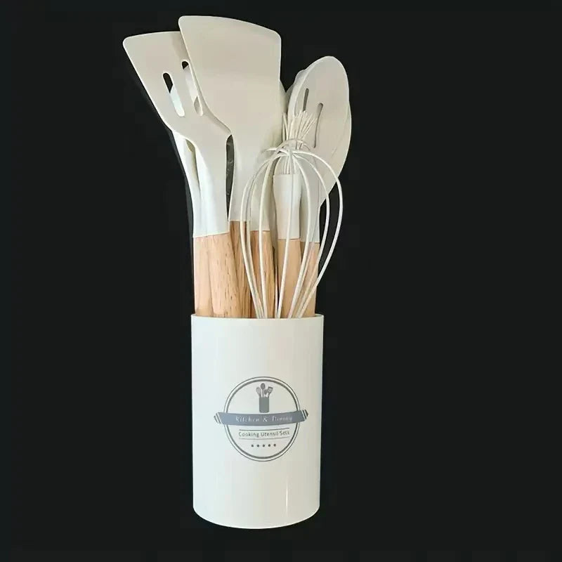 12-Piece Silicone Kitchen Utensils Set with Wooden Handles - Non-stick Cookware Tools