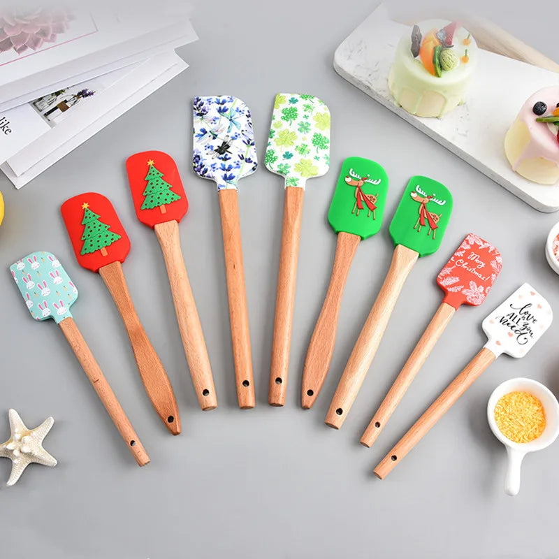 Christmas Cartoon Silicone Spatula Non-stick Pan Scraper Wooden Handle Mixer