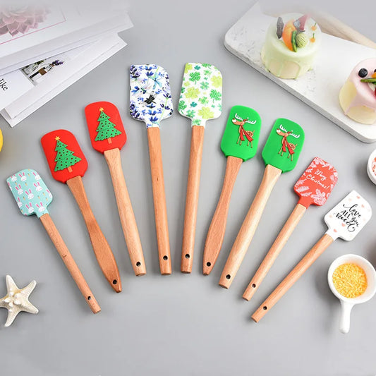 Christmas Cartoon Silicone Spatula Non-stick Pan Scraper Wooden Handle Mixer