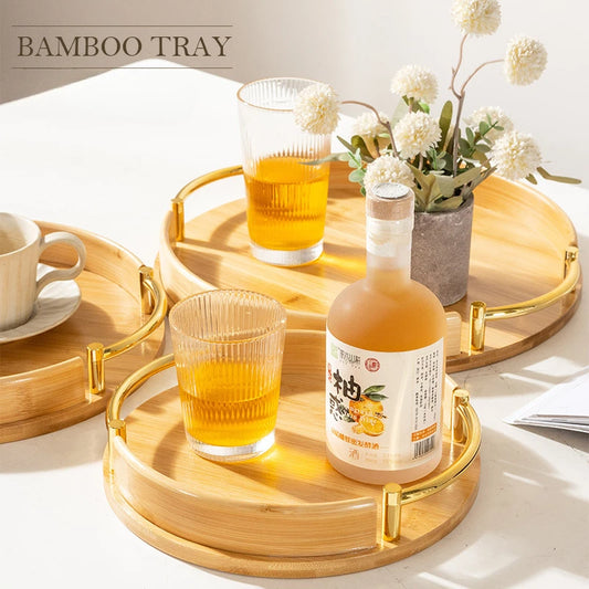 Bamboo Round Tray Fruit Plate Tea Set Dessert Handle