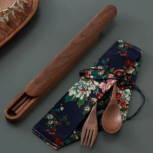 Portable Wooden Chopsticks Fork Spoon Set with Box