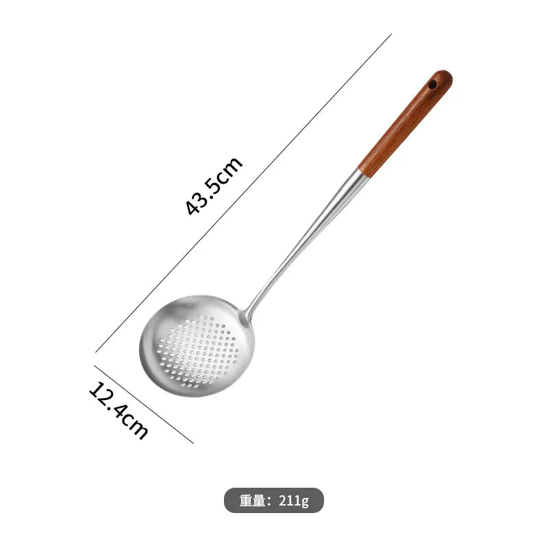 Stainless Steel Cooking Utensil with Wooden Handle: Soup Ladle, Colander, Spatula, Shovel 1Pc