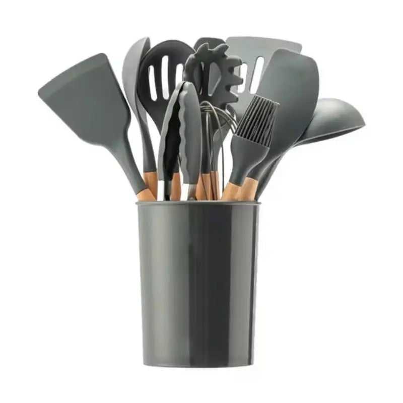 12-Piece Silicone Kitchen Utensils Set with Wooden Handles